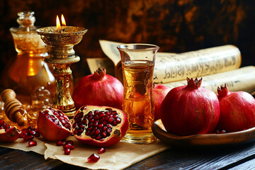 Traditional Jewish New Year food. Happy Rosh Hashanah concept. Pomegranates, honey, wine, candles and Torah scrolls.