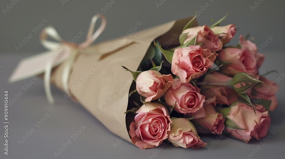Poster a bouquet of small pink roses in a craft paper package tied with a ribbon with a bow isolated : gene