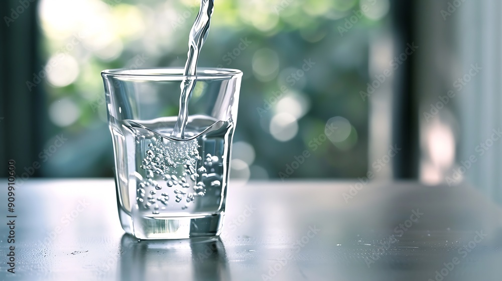 Aufkleber pouring drinking water in a transparent glass isolated on abstract background with glass table water