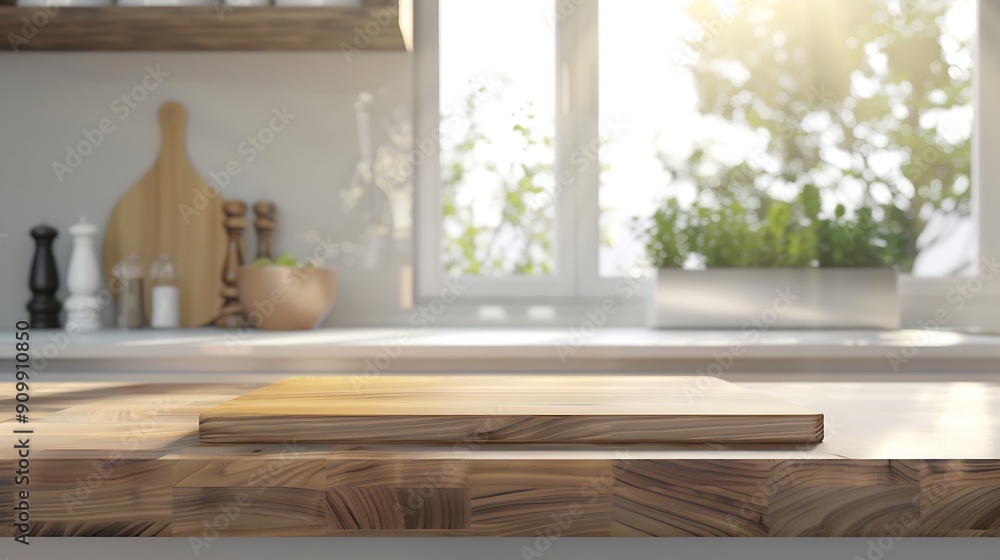Poster selective focusend grain wood counter top with cutting board on blur kitchen in morning window backg