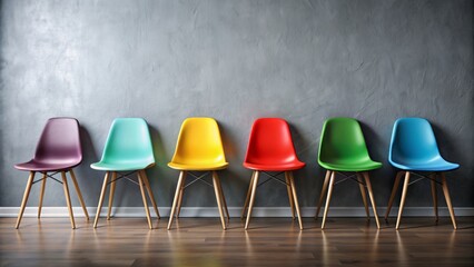 Vibrant modern chairs in diverse colors, each representing a unique role, align against a gradient grey wall, creating a striking visual representation of diverse hiring opportunities.
