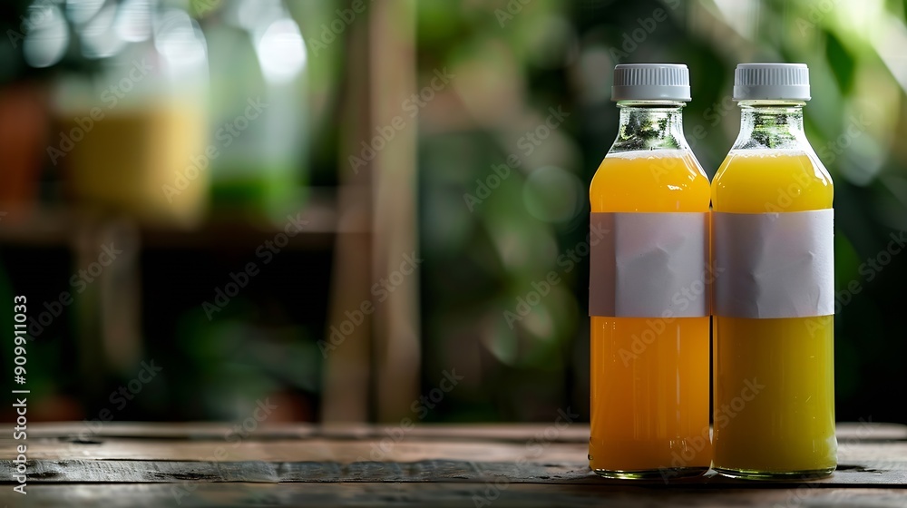Poster juice bottles with blank label : generative ai