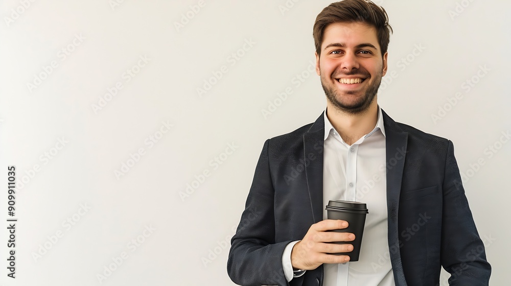 Wall mural smiling businessman having coffee against white background : generative ai