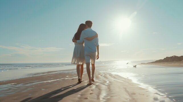 Handsome couple in love hugging while walking along the beach on sunny day High quality photo : Generative AI