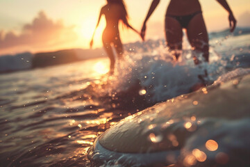 Fototapeta premium Hot summer day with beloved hobby, man woman child pet surfing catching waves sea ocean Generative AI