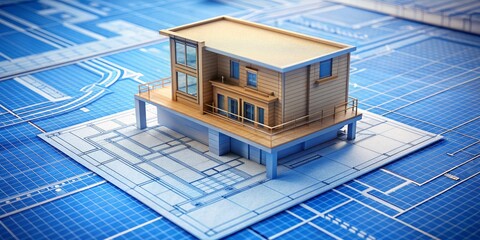 Detailed architectural design on blue print paper with mini 3D model of modern building, showcasing intricate structural elements and precise layout planning.