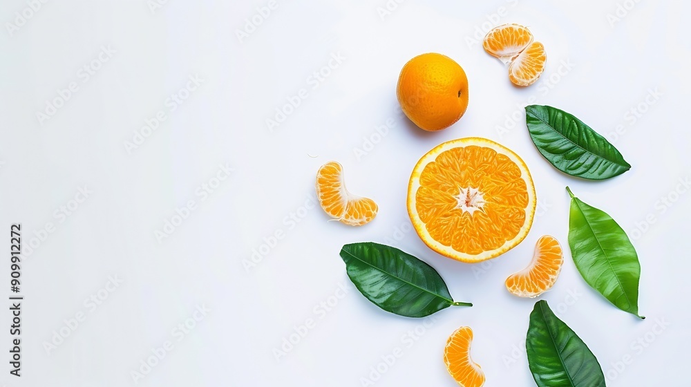 Poster orange fruit with segment and green leaves isolated on white background : generative ai