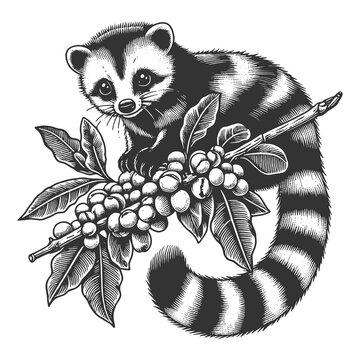 musang Asian palm civet sit on coffee tree branch with coffee cup Kopi luwak sketch engraving generative ai raster illustration. Scratch board imitation. Black and white image.