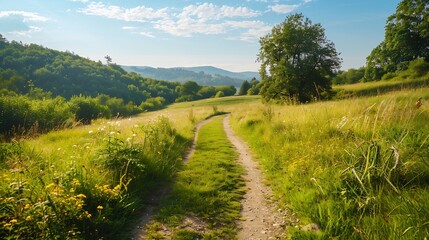 country road through the grassy meadow with herbs primeval carpathian beech forest in the distance wonderful journey in to the wilderness warm sunny day in summer : Generative AI