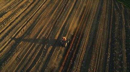 Obraz premium Aerial shot of a farmer seeding sowing crops at field Sowing is the process of planting seeds in the ground as part of the early spring time agricultural activities : Generative AI