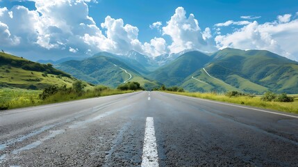 Naklejka premium Asphalt highway road and green mountains with sky clouds nature landscape on sunny day : Generative AI
