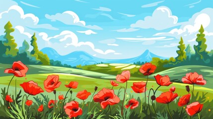 Red Poppies Bloom in Sunny Meadow with Scenic Mountain View
