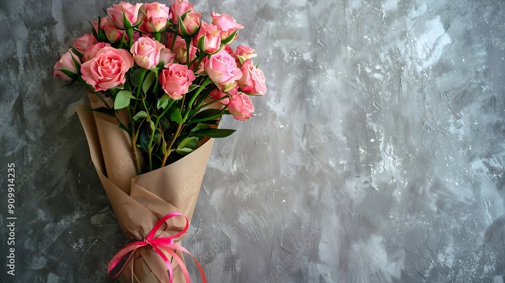Poster a bouquet of small pink roses in a craft paper package tied with a ribbon with a bow isolated : gene
