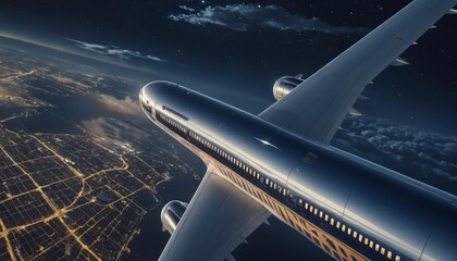 Fototapeta premium Urban Night Skyline with Flying Airplane