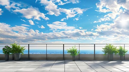 Obraz premium Balcony view of sky Landscape Sunny Day Terrace with a beautiful view on the sky Background with beautiful clouds : Generative AI