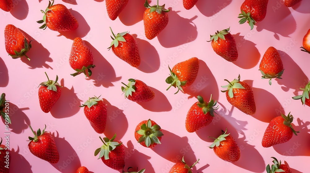 Poster Strawberry Pattern of strawberrys on colored background : Generative AI