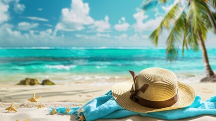 Beach accessories straw hat towel on sunny tropical Caribbean beach with palm trees and turquoise water caribbean island vacation hot summer day : Generative AI