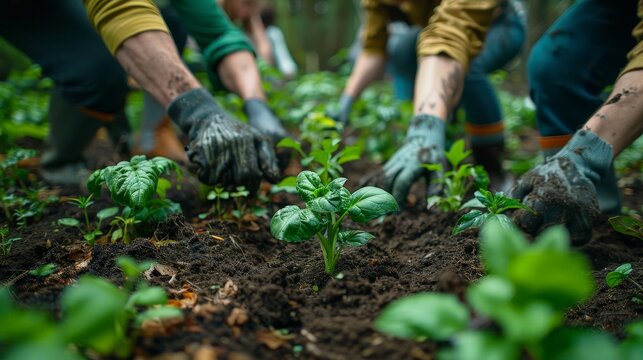A diverse community gardening project, everyone working together and sharing responsibilities