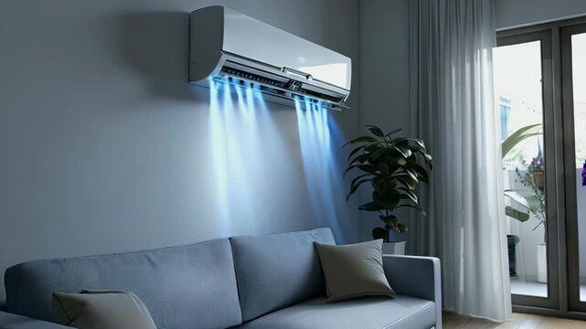 video of Split air conditioner mounted on the wall. Cooling unit in the room.