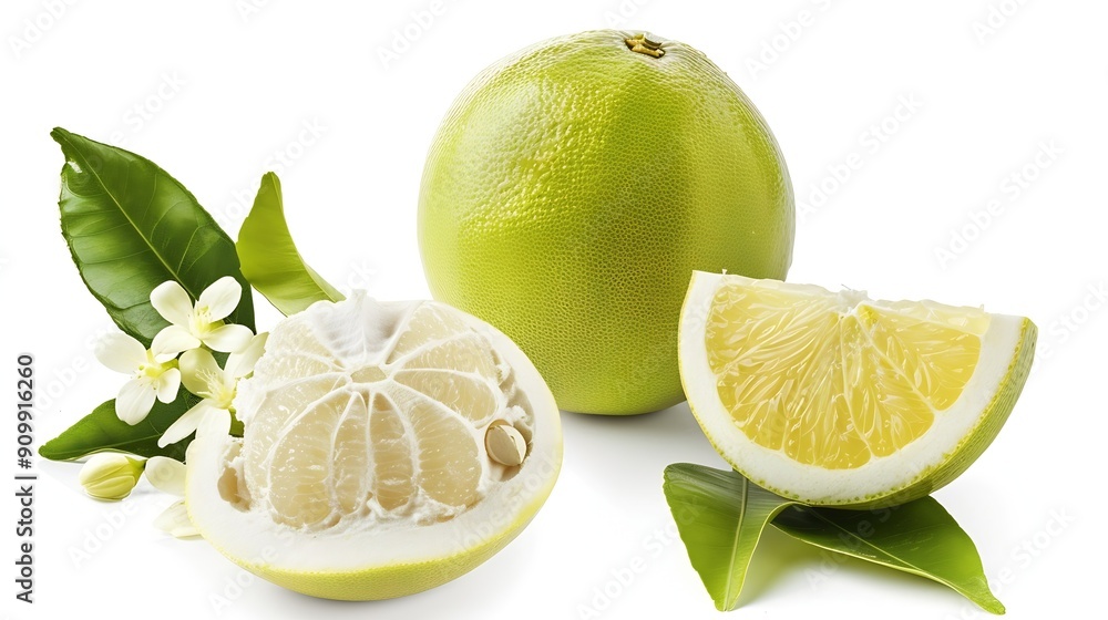 Poster Isolated pomelo citrus fruit One whole pomelo and a peeled segment with leaves and flowers isolated on white background with clipping path : Generative AI