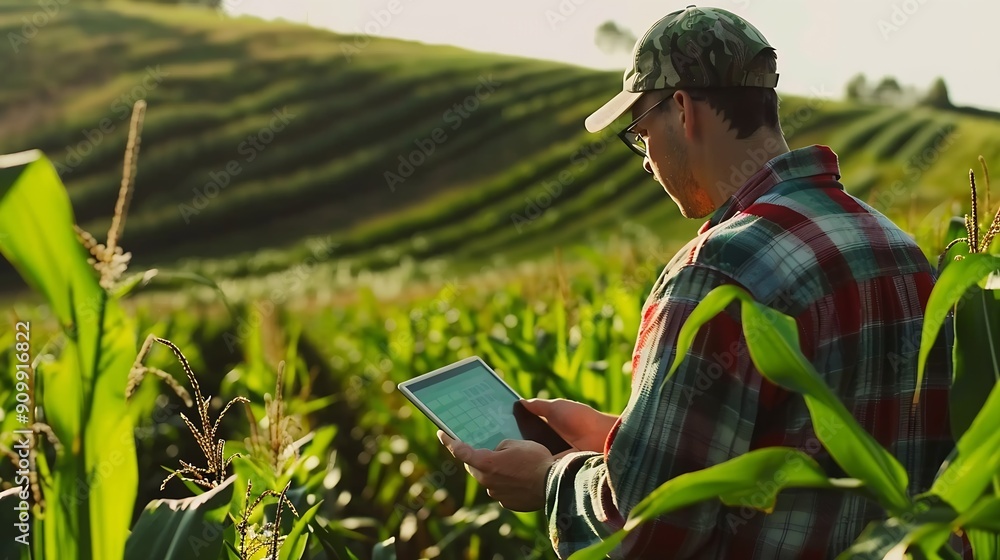 Poster farmer man in corn field works with computer business farm agriculture concept farmer with computer 