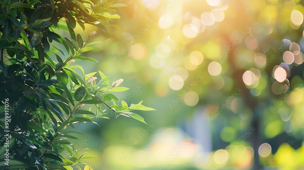Aufkleber defocused or blur with bokeh background of garden trees in sunny day : generative ai