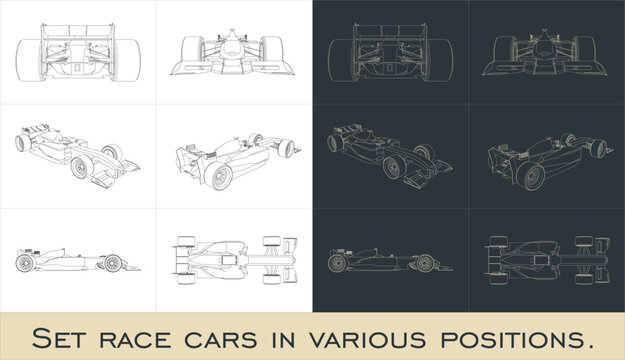 Set Outline of a Formula 1 race car from various angles. F1 Vector blueprint isolated on a transparent background