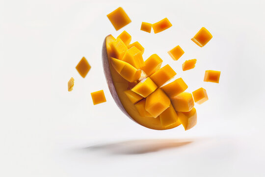 Organic mango chunks and fresh fruit display: ideal background for healthy smoothie ingredients and tropical drinks