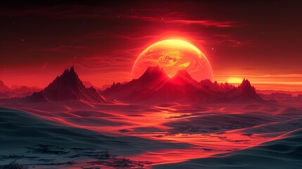 Stunning View of Fiery Red Sun Setting Over Rugged Mountain Landscape at Dusk