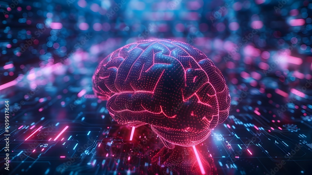 Poster neon brain circuits symbolizing futuristic intelligence network and innovative idea concept
