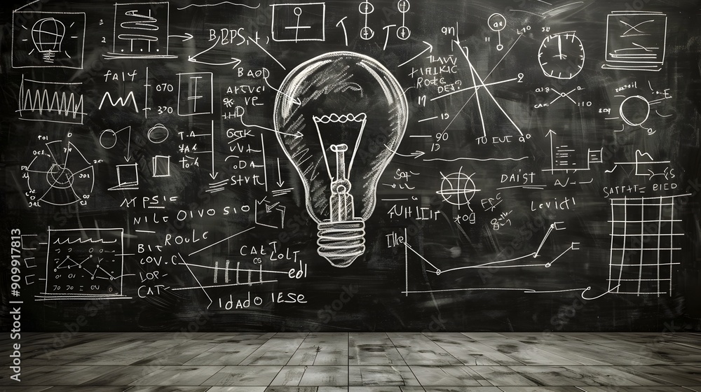 Poster chalkboard filled with doodles and equations centered light bulb symbolizing the genesis of a great 