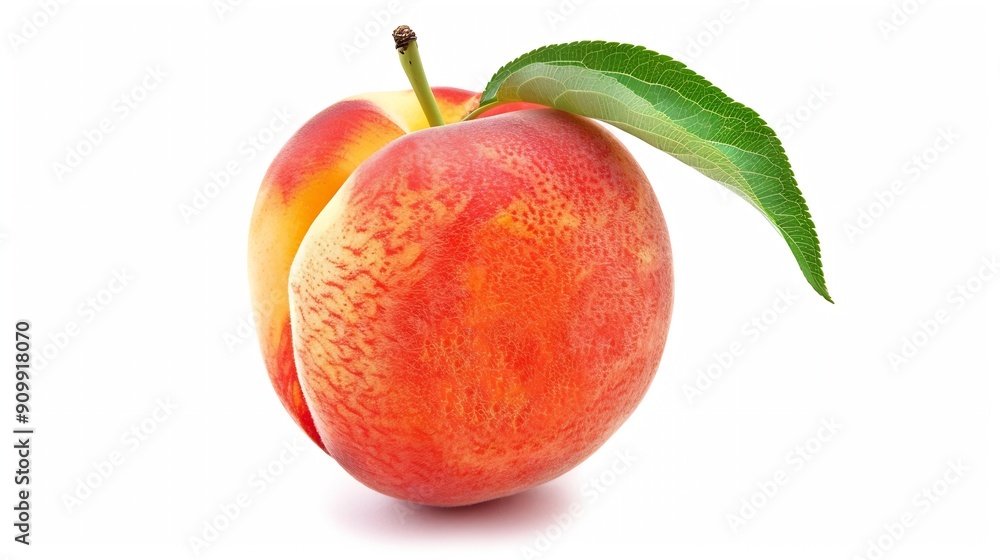 Poster Ripe peach fruit with leaf isolated on white background Clipping Path Full depth of field : Generative AI
