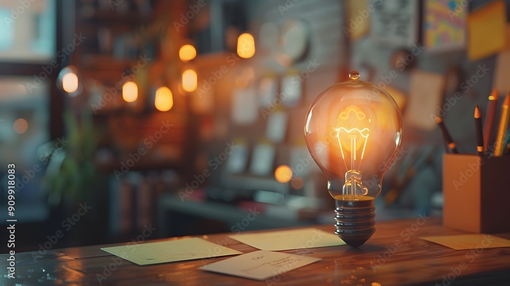 Poster glowing light bulb in a creative workspace filled with notes and sketches