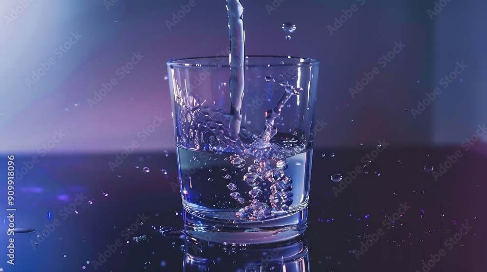 Poster pouring drinking water in a transparent glass isolated on abstract background with glass table water