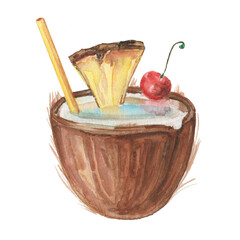 Watercolor hand-drawn tropical coctail in coconut. Fresh beverage with coconut milk, pineapple and cherry. 
