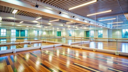 Obraz premium Vibrant interior of a modern fitness school for adults with mirrored walls, wooden floor, and ballet bars, ready for a lively dance class to begin.