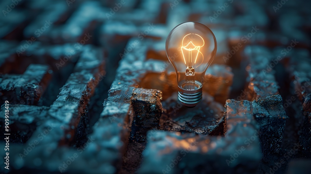 Poster lightbulb in the center of a maze representing the journey of finding a solution and the moment of d