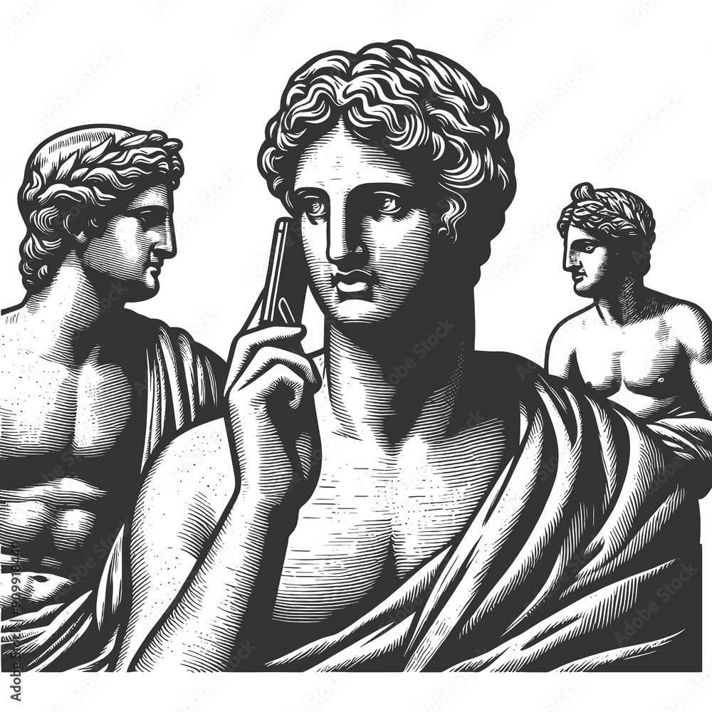 Poster statues using a modern cellphone, ancient art with contemporary technology in a humorous design sket