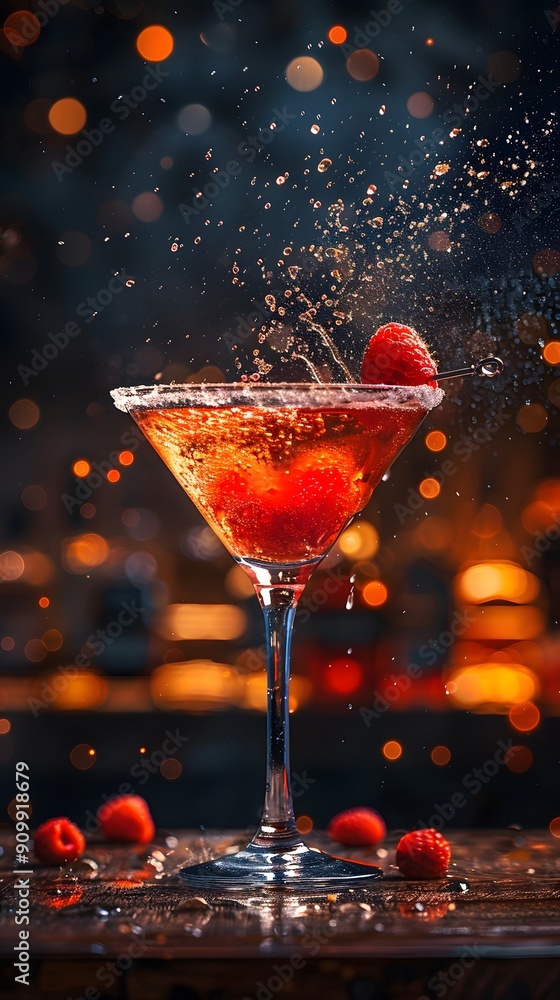 Poster refreshing raspberry cocktail with splash effect and bokeh background