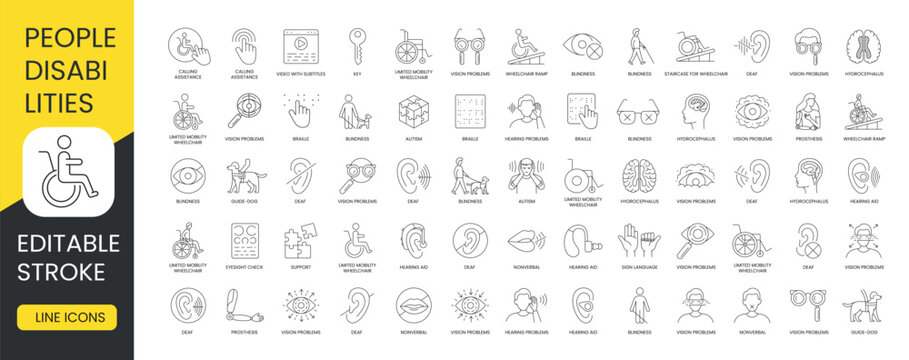 People with disabilities, inclusivity line icon set vector with editable stroke, autism and blindness, braille and calling assistance, deaf and disabilities, eyesight check, guide dog and hearing aid