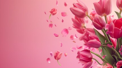Tulip flowers falling into beautiful bouquet on pink background : Generative AI