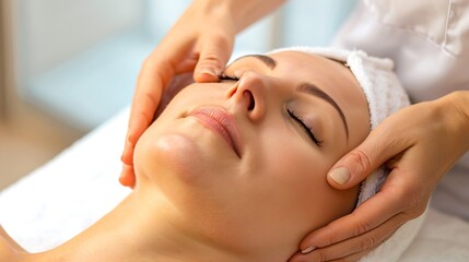 Naklejka premium Middle aged female receiving facial anti aged lifting massage in beauty salon Skincare concept Cosmetology specialist making head massage in SPA salon : Generative AI