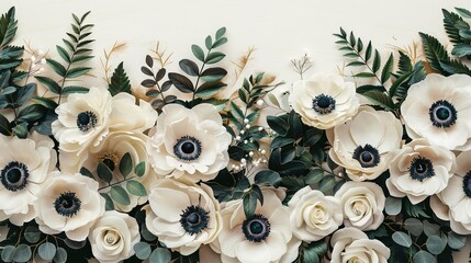Watercolor orchids anemones ferns with soft green leaves in vintage golden frame perfect for weddings invitation