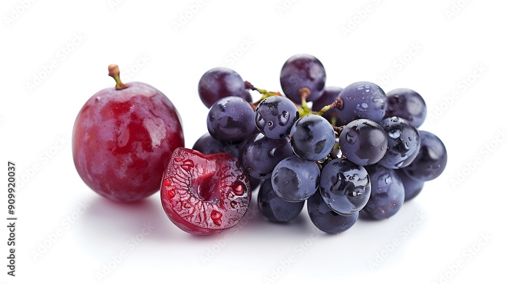 Poster One half of a berry and one bunch of grapes macro isolated on white background : Generative AI