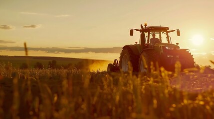 Fototapeta premium Farmer in tractor working on field at sunset : Generative AI