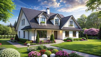 Charming single-family home with white exterior and black pitched roof tiles, surrounded by a lush green lawn and vibrant flora in the front yard.