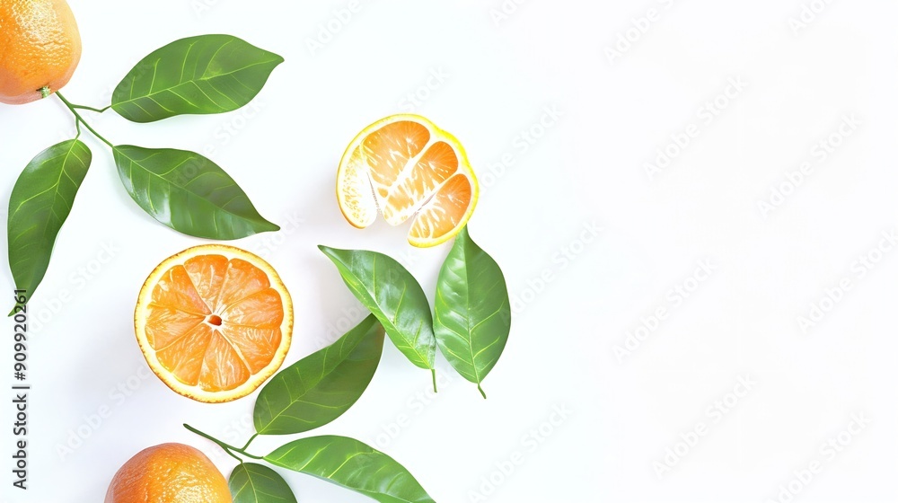 Aufkleber orange fruit with segment and green leaves isolated on white background : generative ai