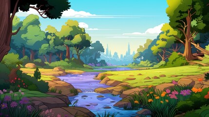 Serene Forest River Landscape with Wildflowers and City Skyline