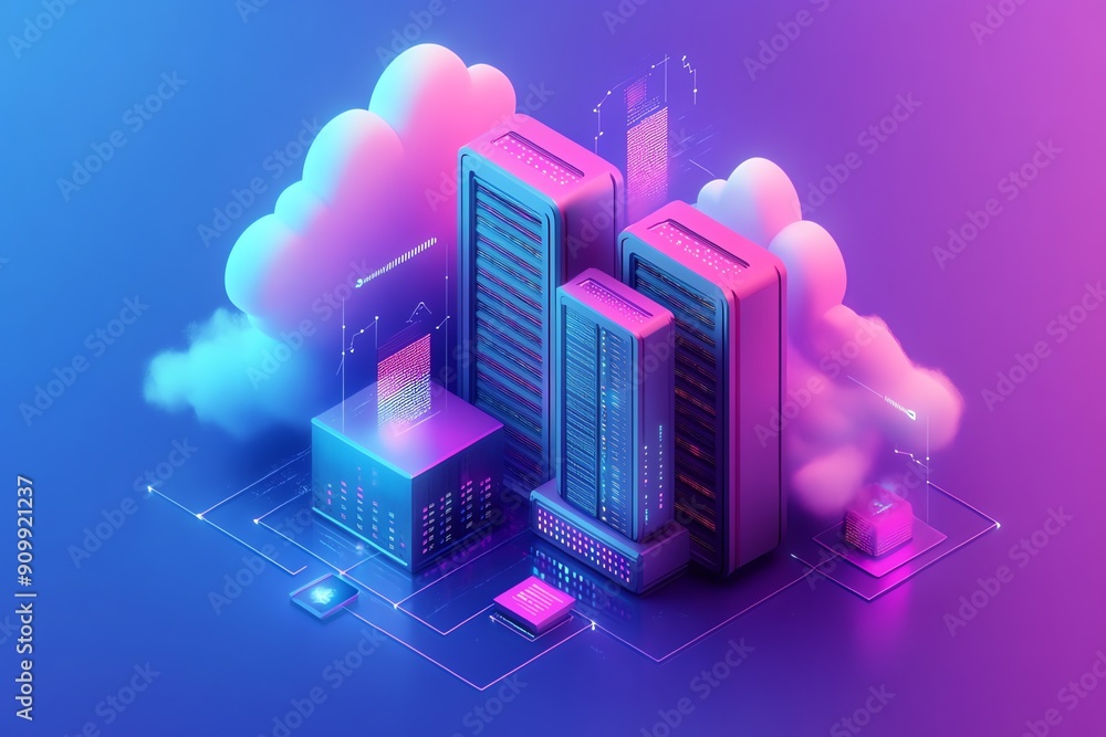 Poster futuristic cloud server architecture.