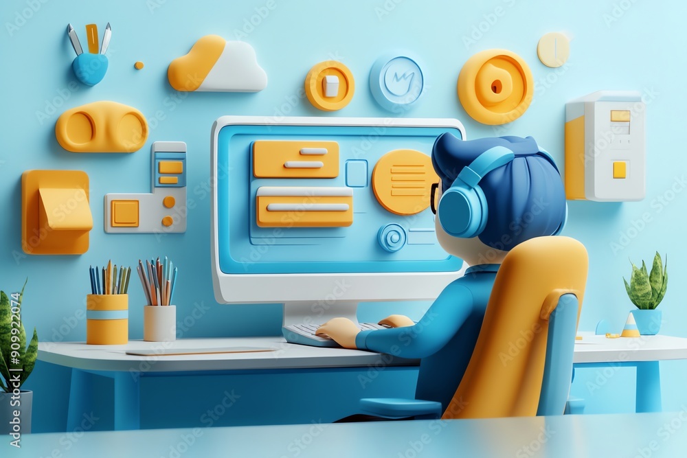 Poster 3d cartoon character working on computer.